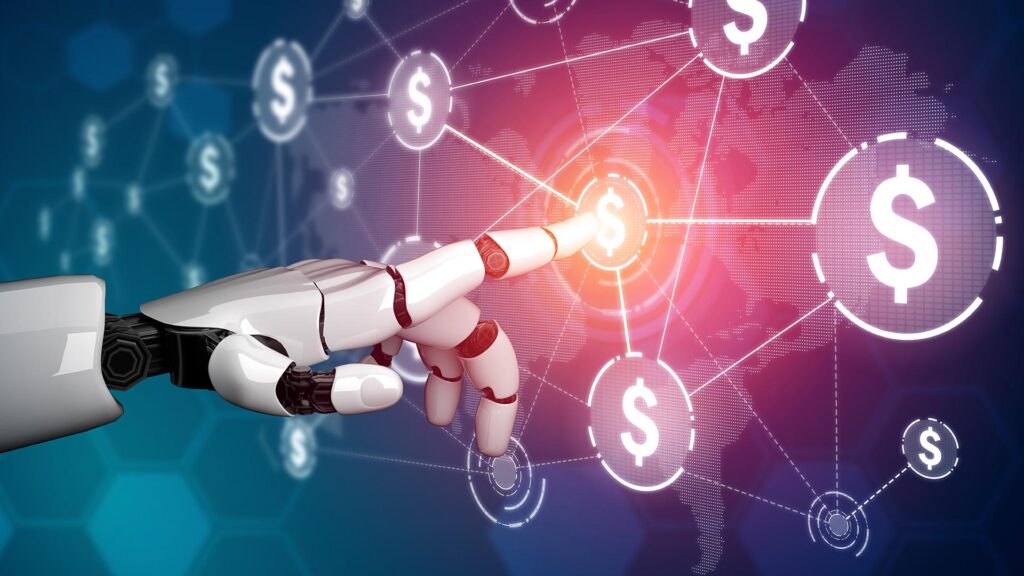 AI robot selecting dollar currency on map