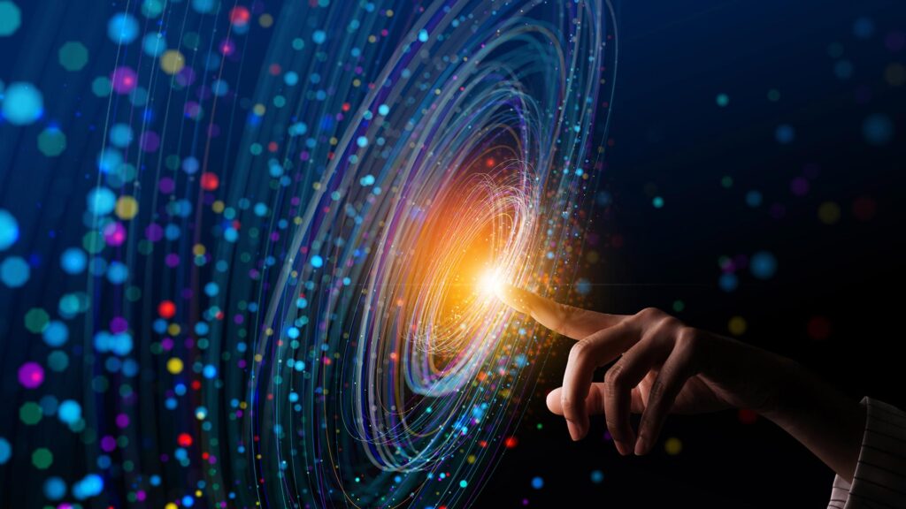 Big Data concept with person reaching into technical network