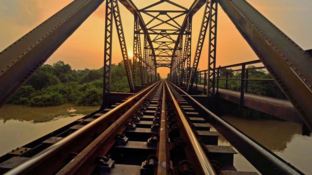Metal rail road on bridge