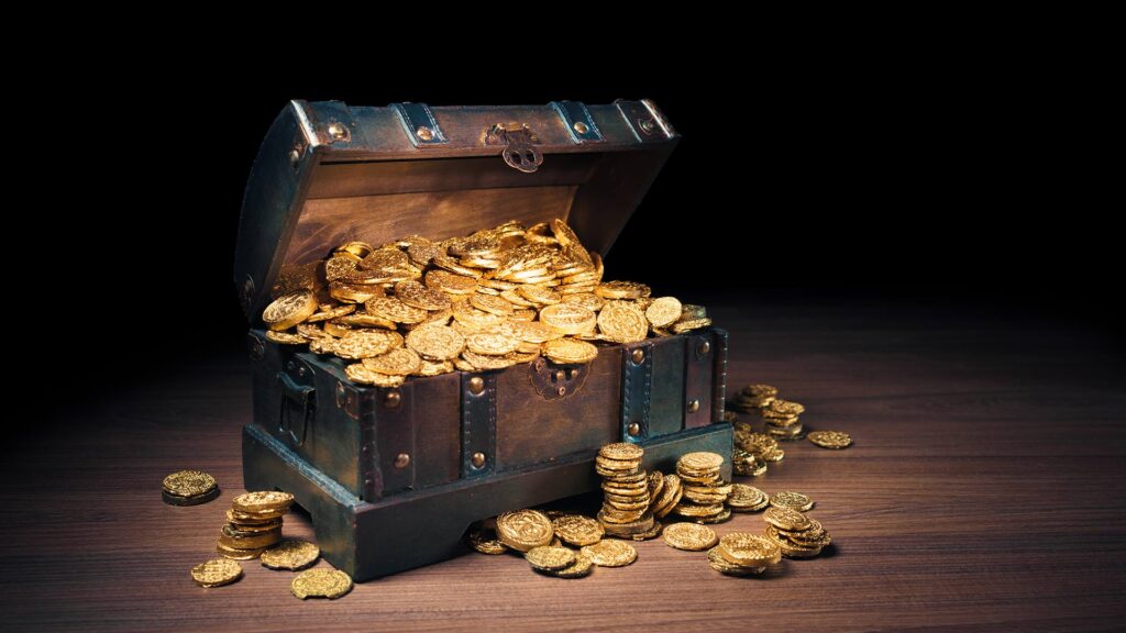 Treasure chest full of gold coins.